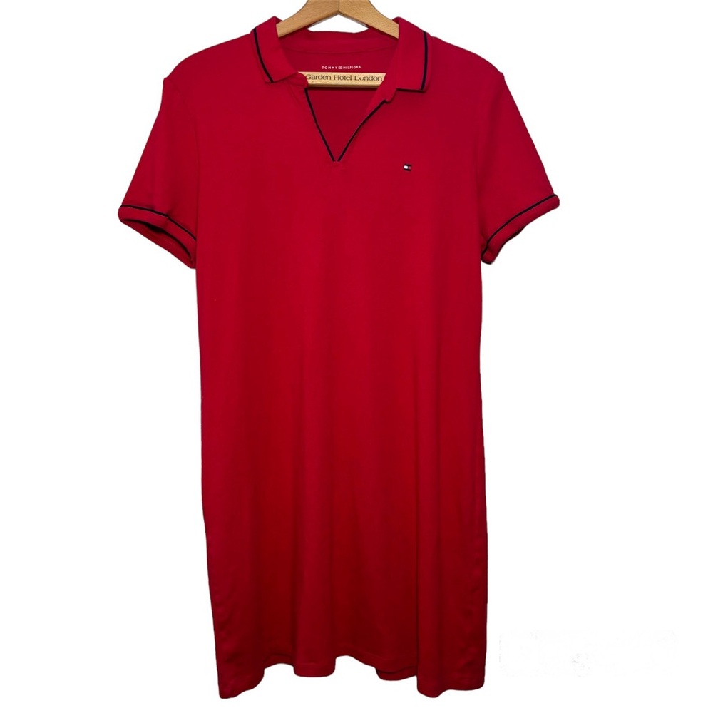 Tommy Hilfiger Red Teeshirt dress with navy accents. Front logo. Women’s XL